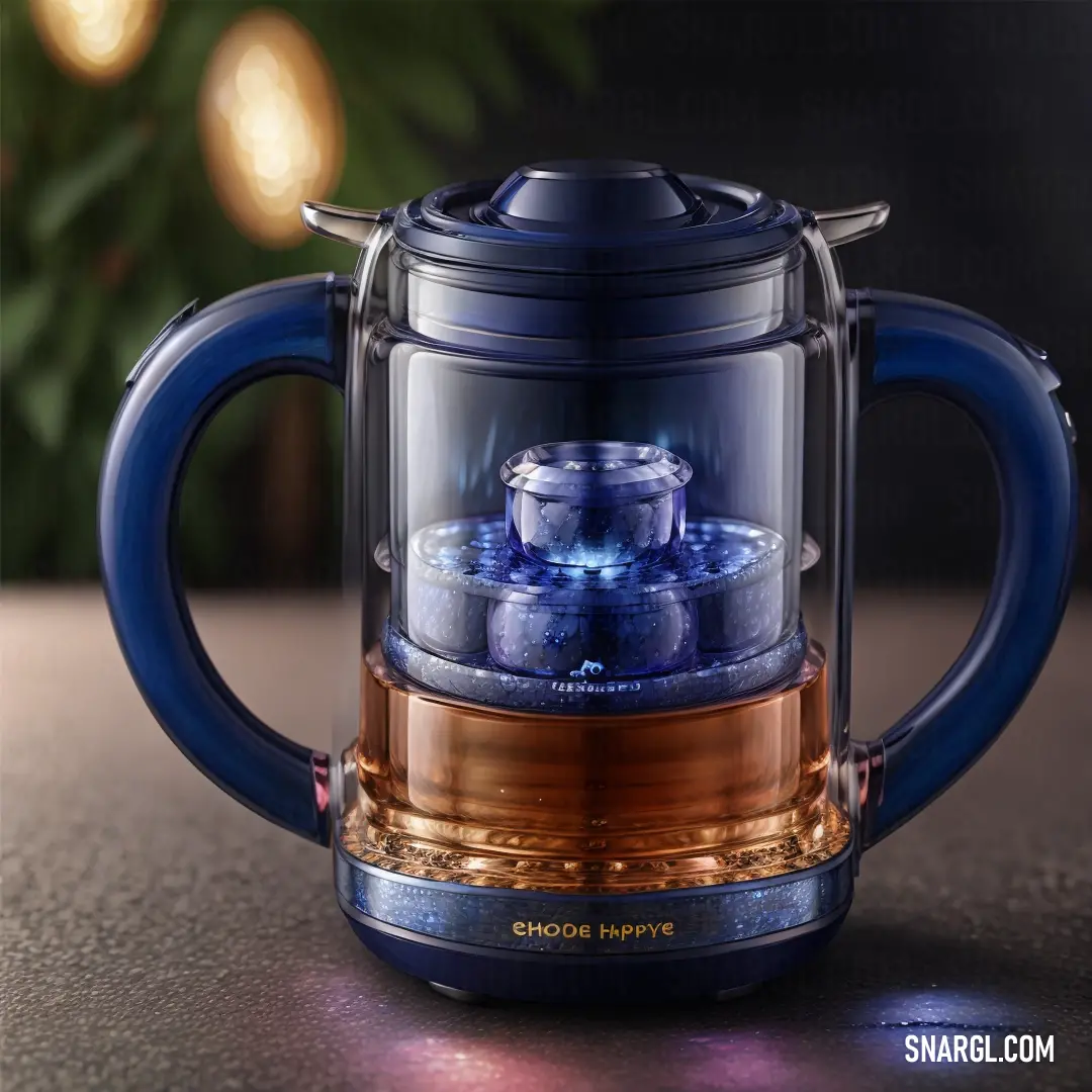 Teapot with a glass lid and a blue handle on a table with a christmas tree in the background. Color #2A52BE.