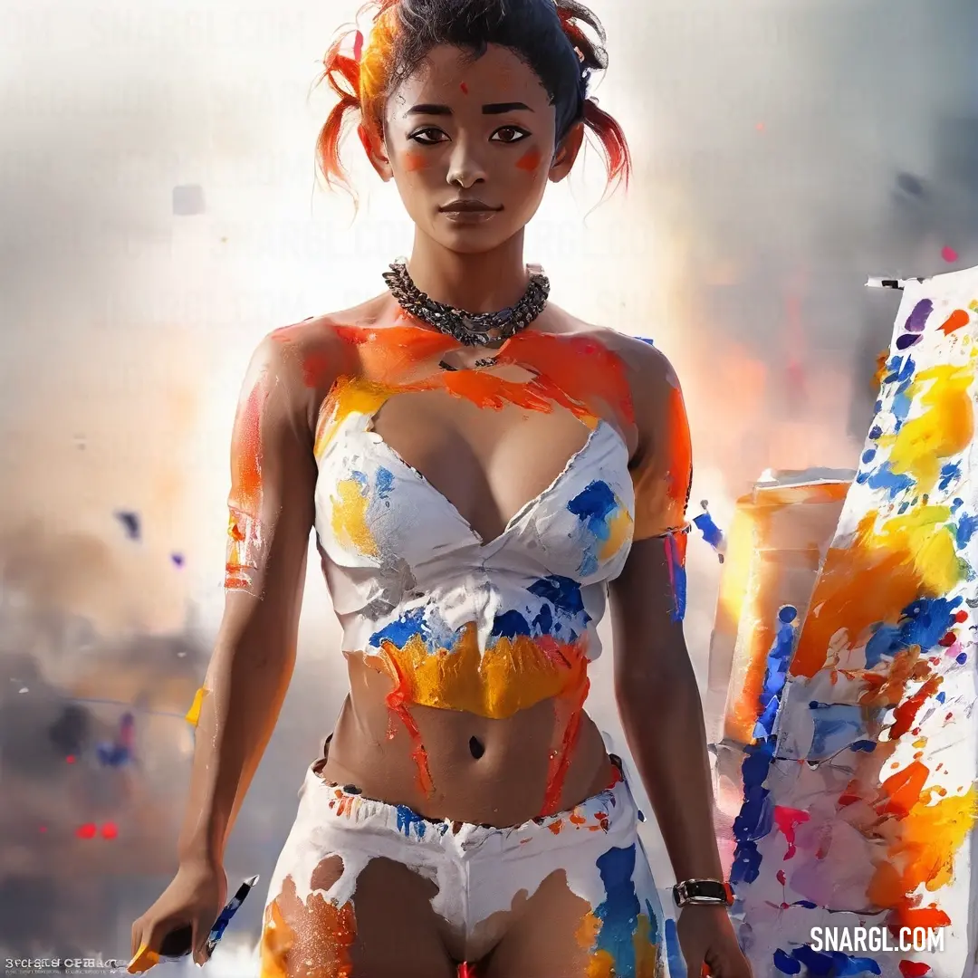 A vibrant woman, adorned with paint on her body and a brush in hand, stands boldly within a colorful setting, embodying creativity and artistic expression with each brushstroke.