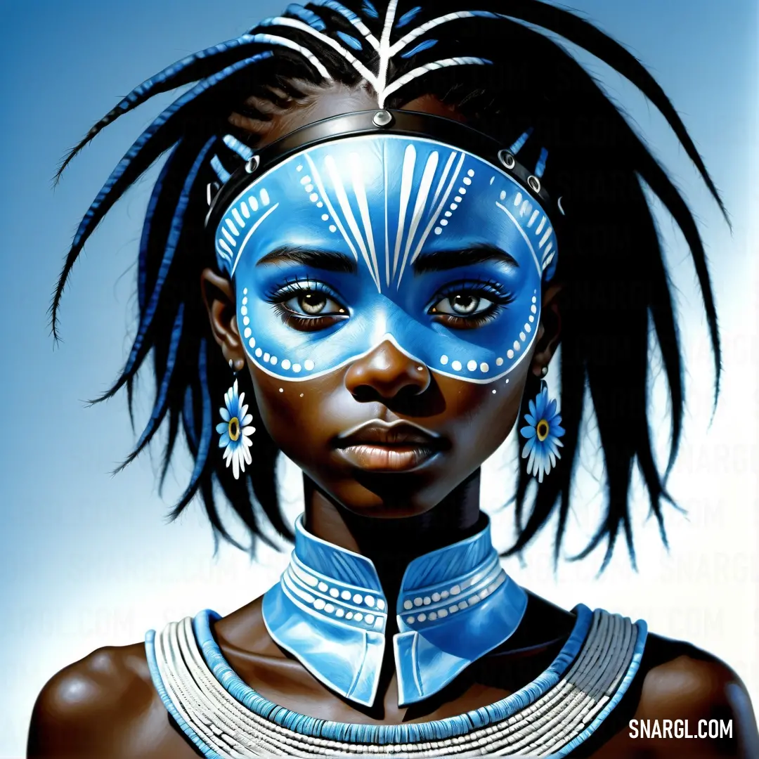 Woman with blue makeup and a head piece with feathers on her head and a blue background
