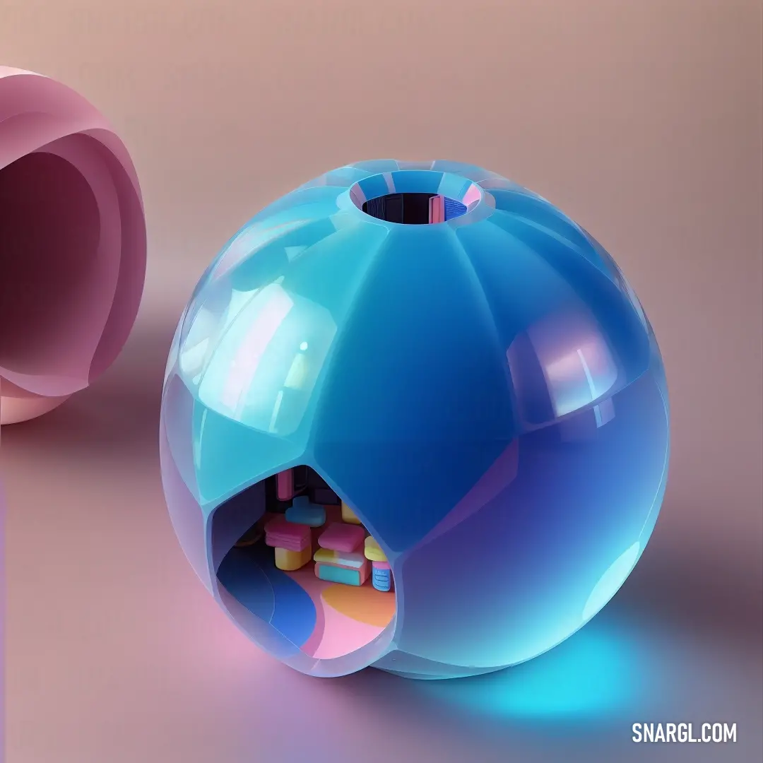 Blue ball with a hole in it and a pink object in the background with a pink light coming from it