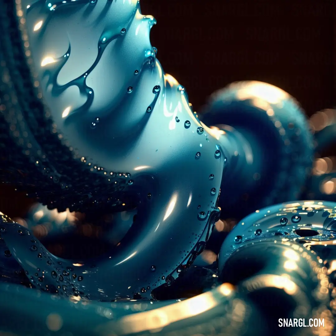 Blue sculpture with water droplets on it's surface and a black background with a black background and a black background