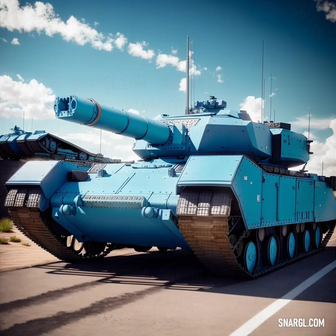 Blue tank is parked on the side of the road with a sky background and clouds in the background