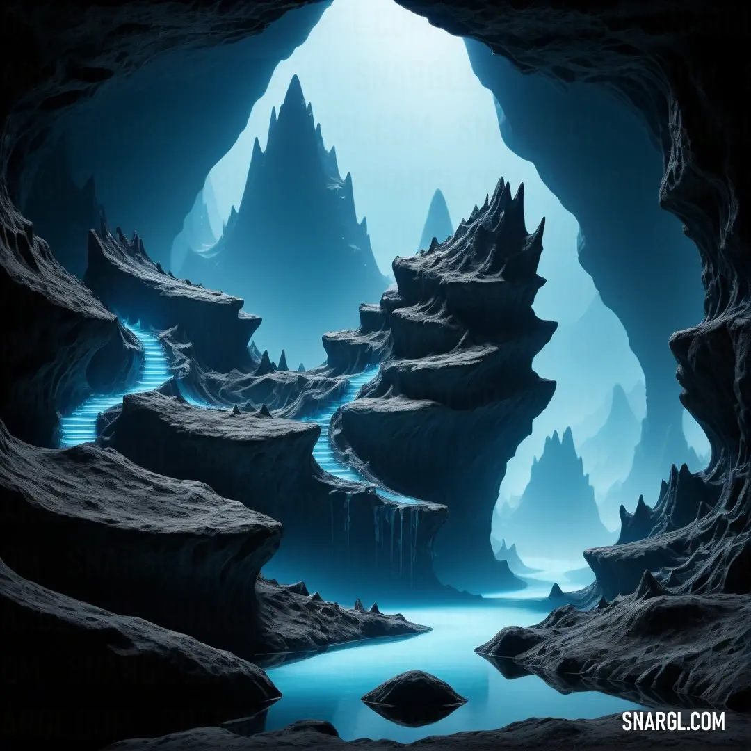 Cave with a stream and a blue light coming from it's entrance to the cave is a blue light. Example of Cerulean color.