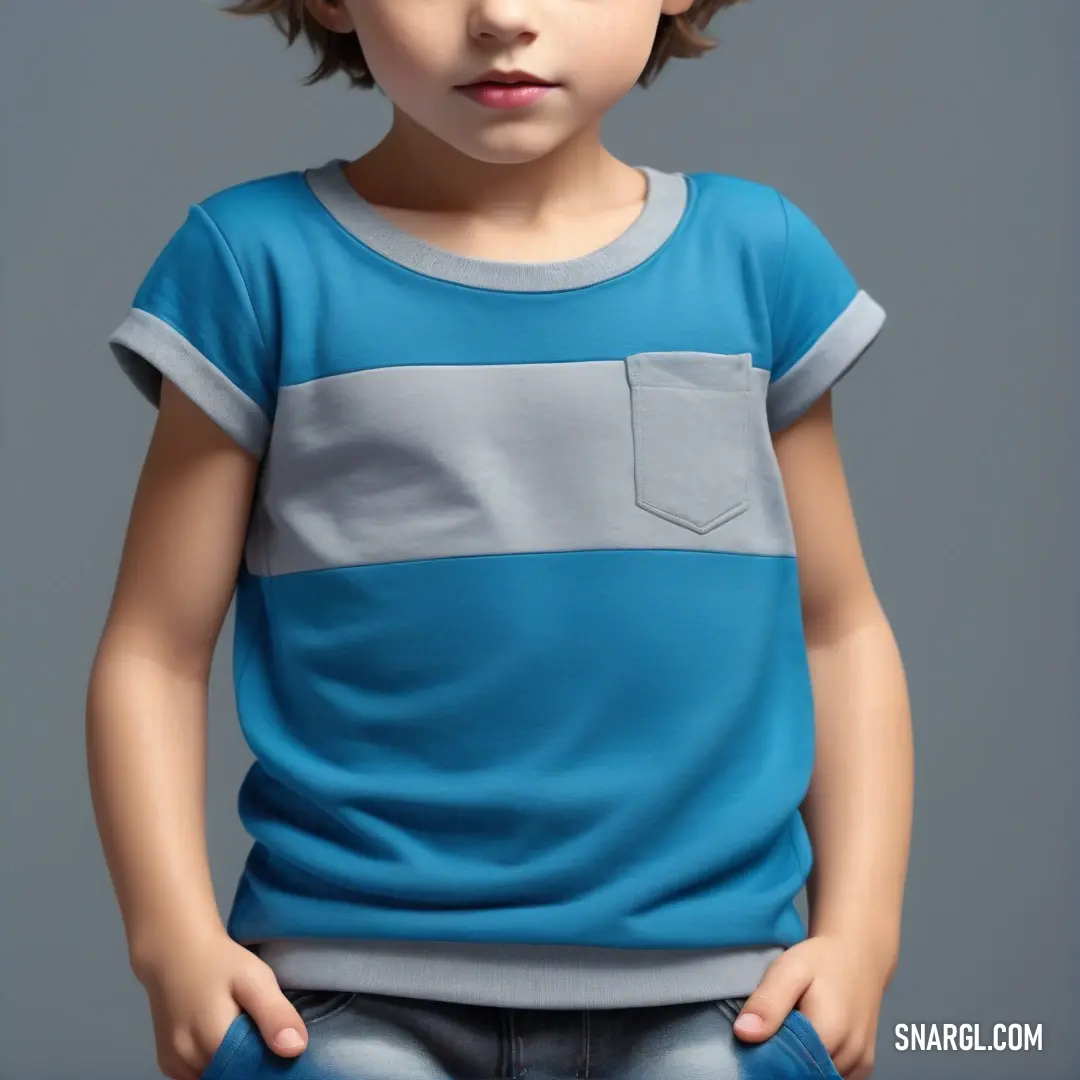 Little boy with a blue shirt and a pair of jeans on his pants and a blue shirt with a gray pocket. Example of RGB 0,123,167 color.