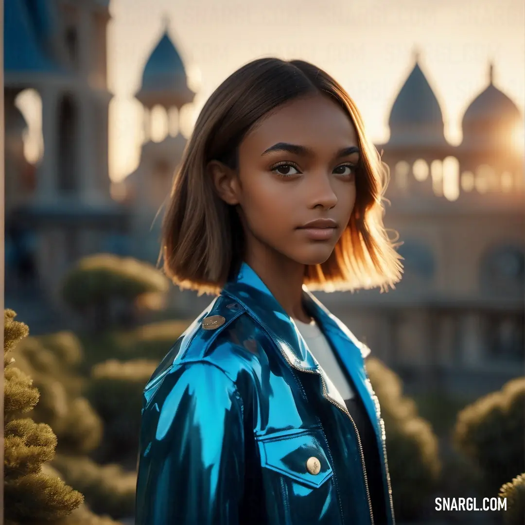 Woman in a blue jacket standing in front of a castle with a sunset behind her. Color RGB 0,123,167.