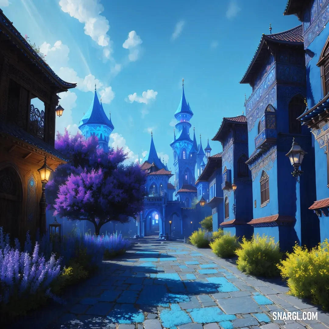 Computer generated image of a street with a castle in the background and a blue sky with clouds above