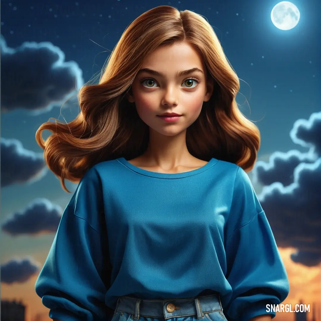Cerulean color example: Girl with long hair standing in front of a full moon and clouds with a blue shirt on and a blue sky