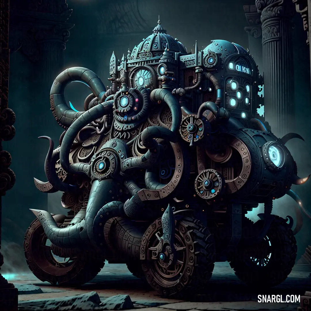 Large octopus like vehicle with a clock on its face and a giant head on its body