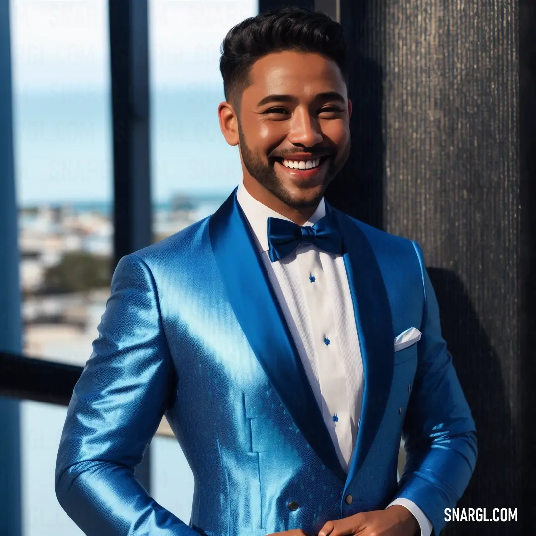 Man in a blue suit and bow tie standing next to a wall smiling at the camera with his hands in his pockets