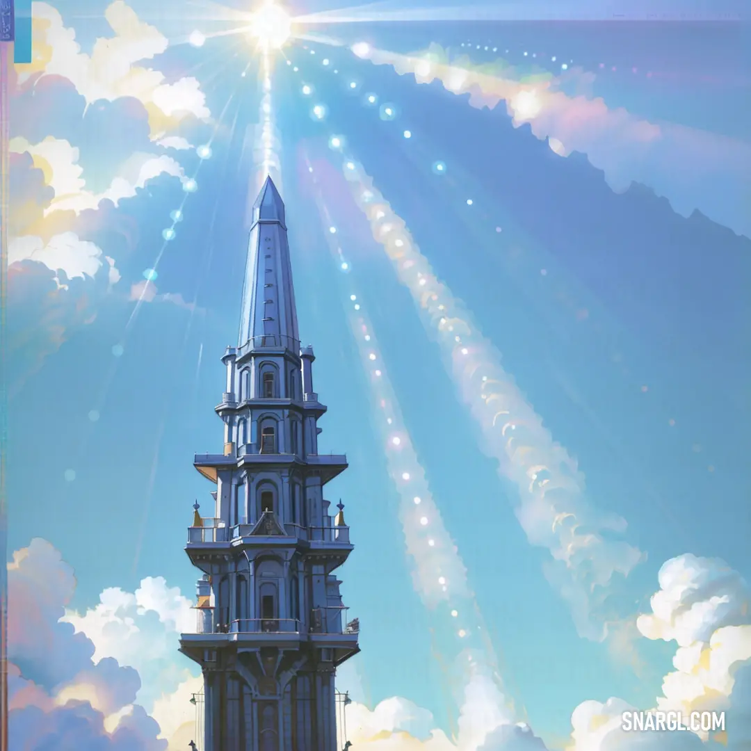 Painting of a clock tower with a sky background and sun beams coming out of it