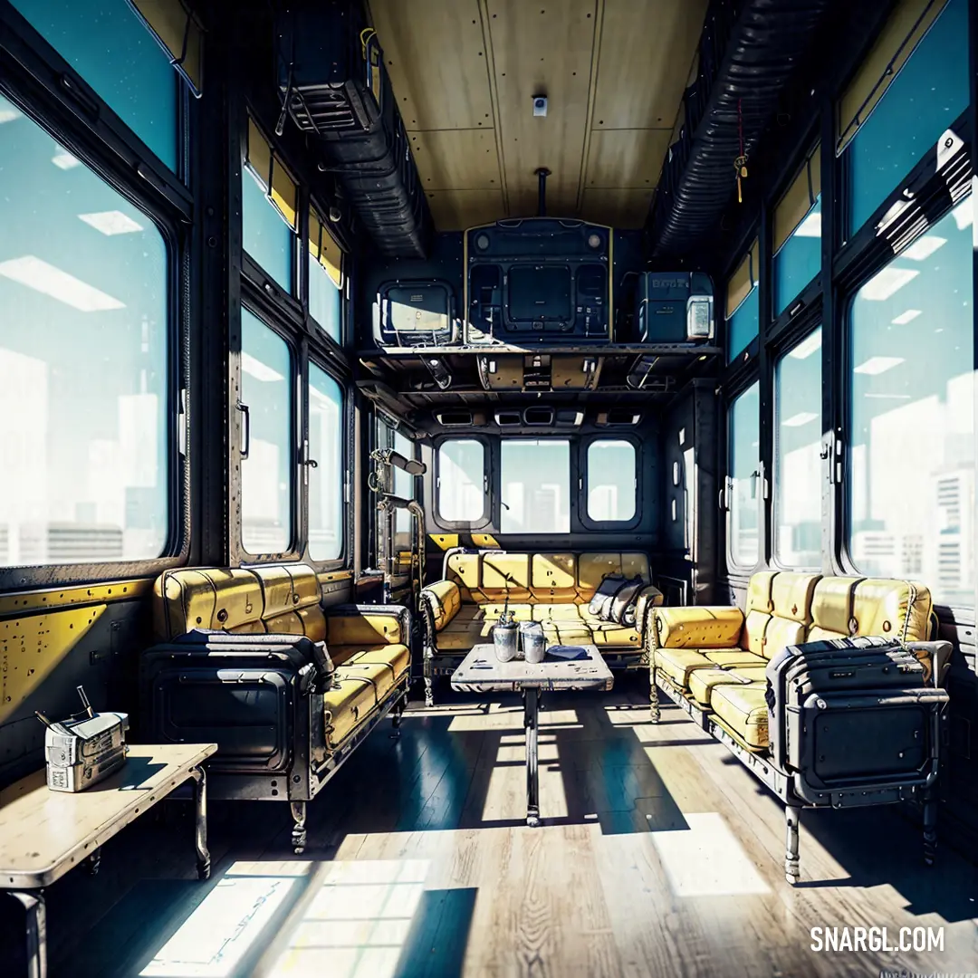 Train car with yellow couches and windows and a wooden floor and a table with a laptop on it