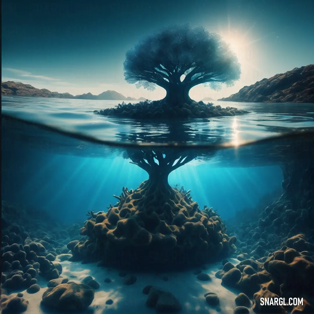 Tree is submerged in the water with a sunbeam above it. Example of Cerulean color.