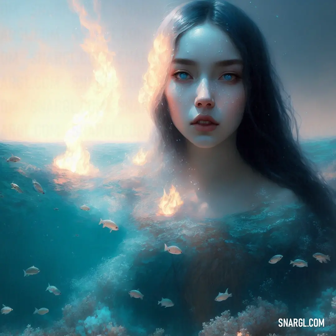 Woman with long hair standing in the ocean with a lot of fish around her neck and a sky background