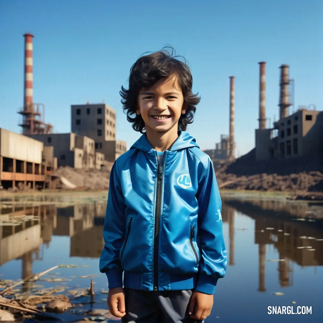 Young boy standing in front of a body of water with a factory in the background. Example of CMYK 100,26,0,35 color.