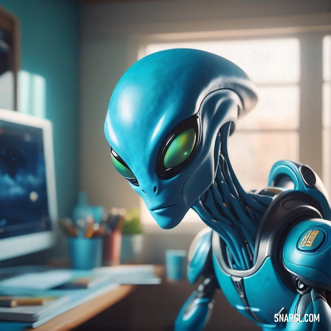 Blue alien in front of a computer monitor and keyboard on a desk in a room with a window. Example of #007AA5 color.