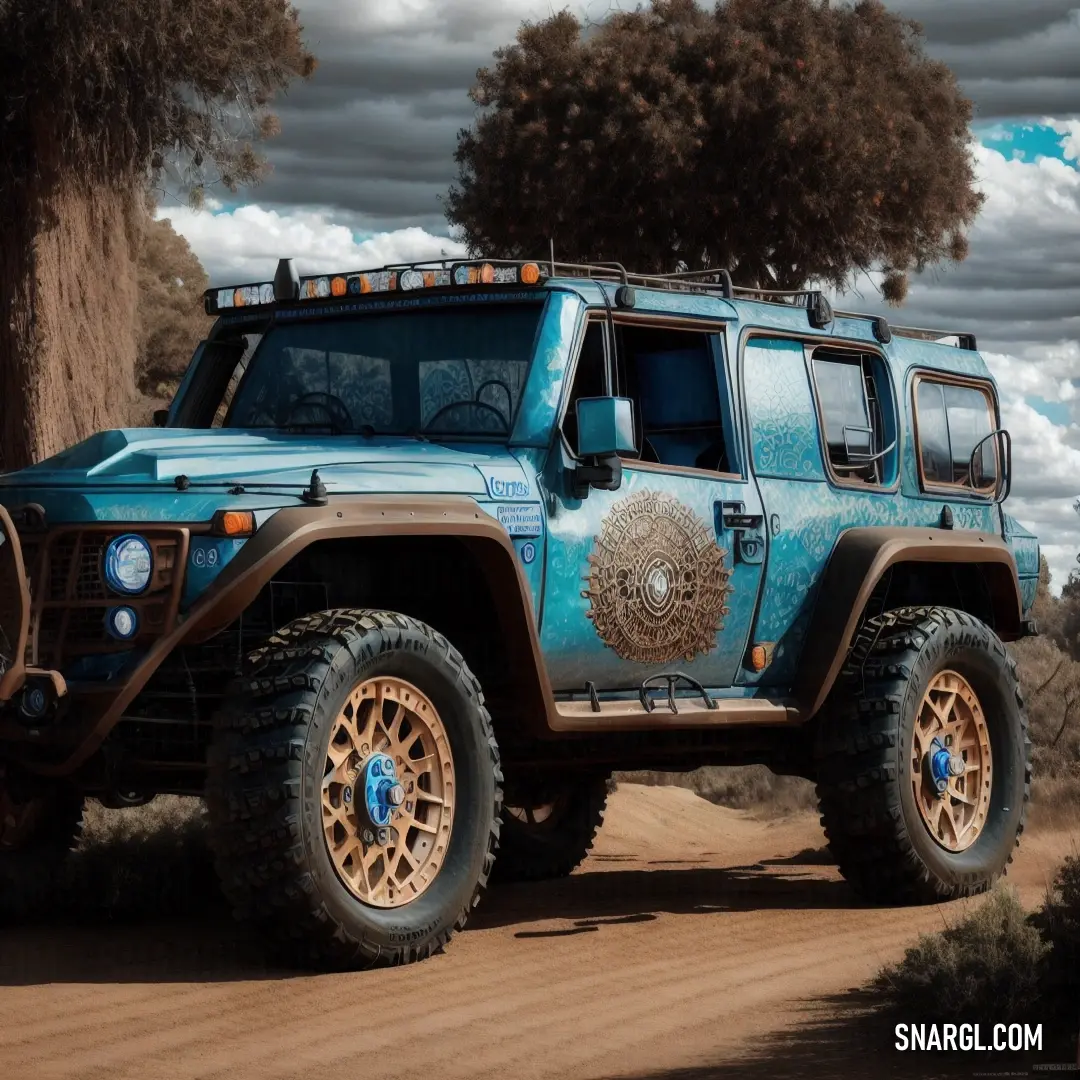 Blue jeep is parked on a dirt road in the desert with a tree in the background. Color RGB 0,122,165.