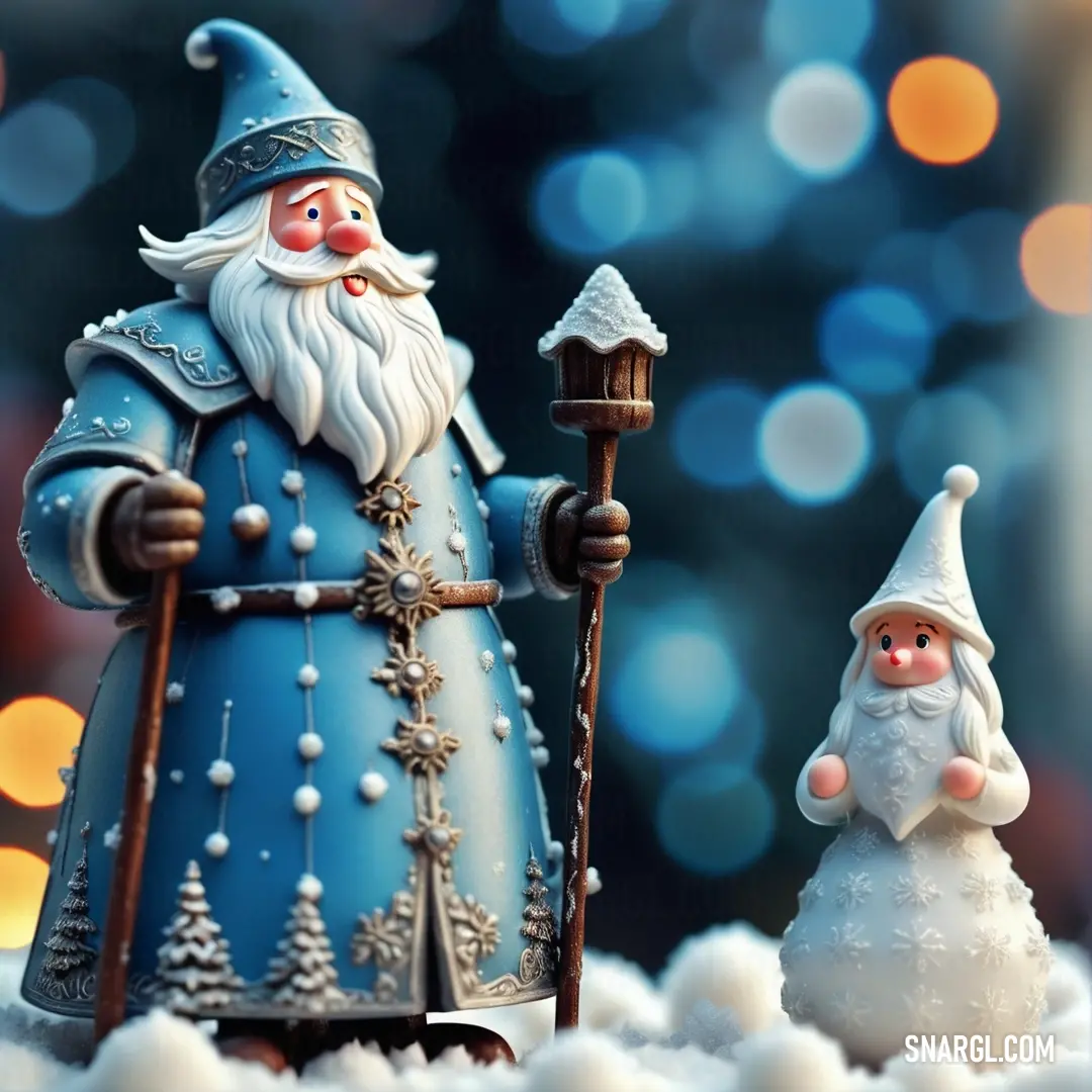 Blue santa and a snowman are standing in the snow with a blue background. Example of RGB 0,122,165 color.