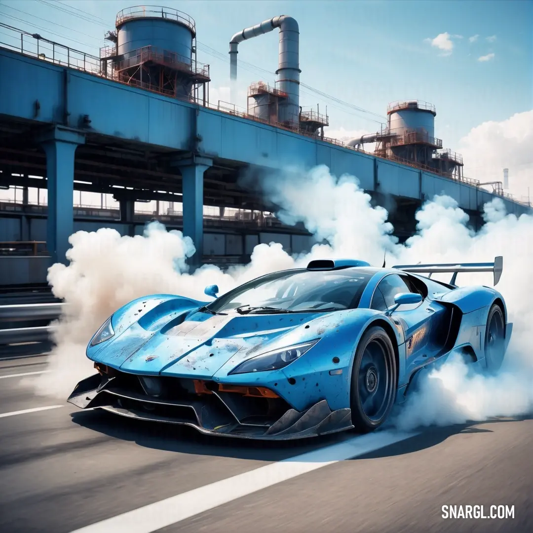 Blue sports car driving down a road with smoke coming out of it's tires and exhaust pipes. Example of CG Blue color.