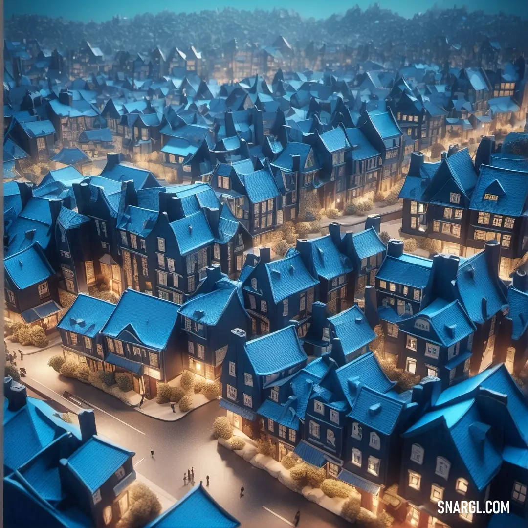 Large group of houses with blue roofs and lights on them at night time in a city with a lot of trees. Example of CMYK 100,26,0,35 color.