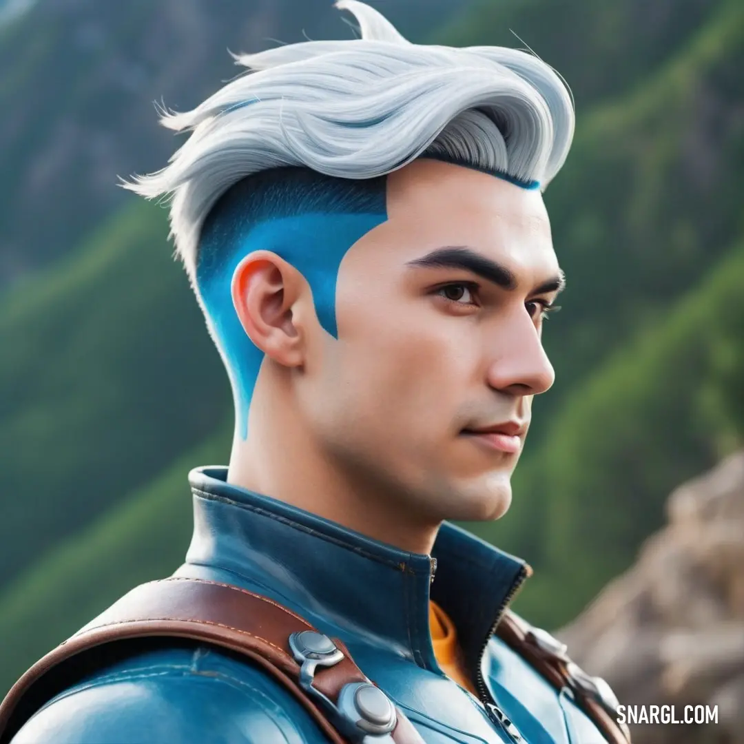 CG Blue color example: Man with a blue mohawk and a blue jacket on his shoulders and a mountain in the background