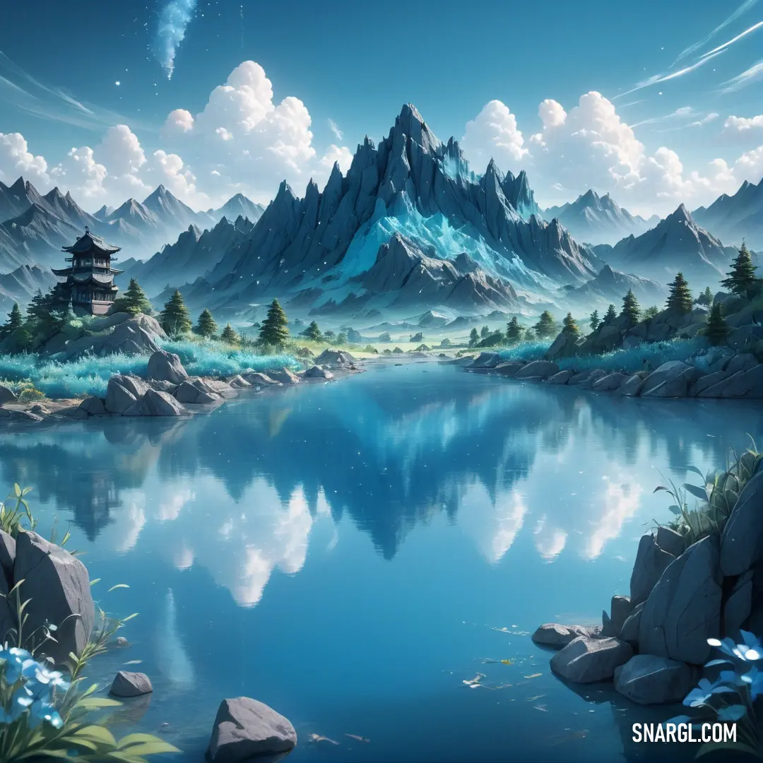 Painting of a mountain lake with a pagoda in the distance and a sky with clouds and stars above. Example of CMYK 100,26,0,35 color.