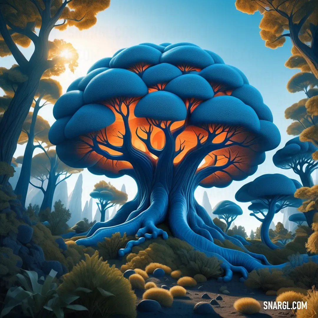 Painting of a tree with a glowing light in the middle of it's trunk and branches. Example of #007AA5 color.