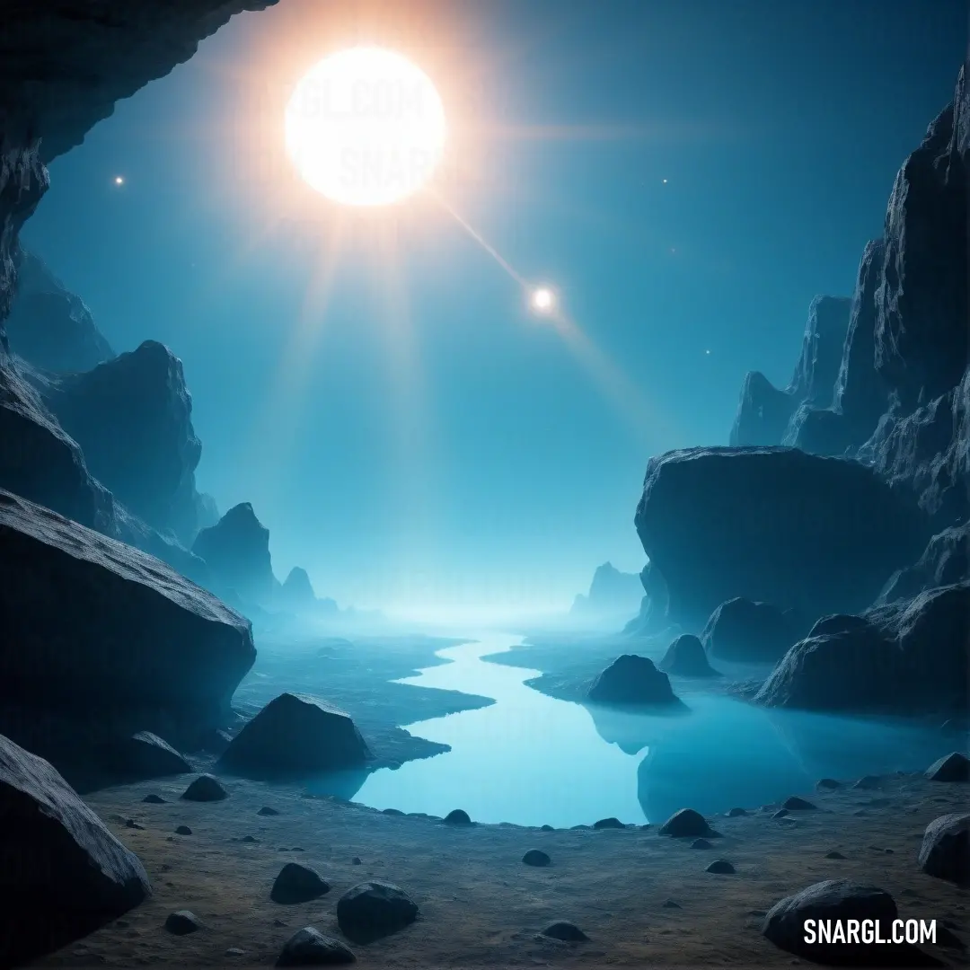 CG Blue color example: Sun shines brightly over a body of water in a cave like setting with rocks and boulders on the ground