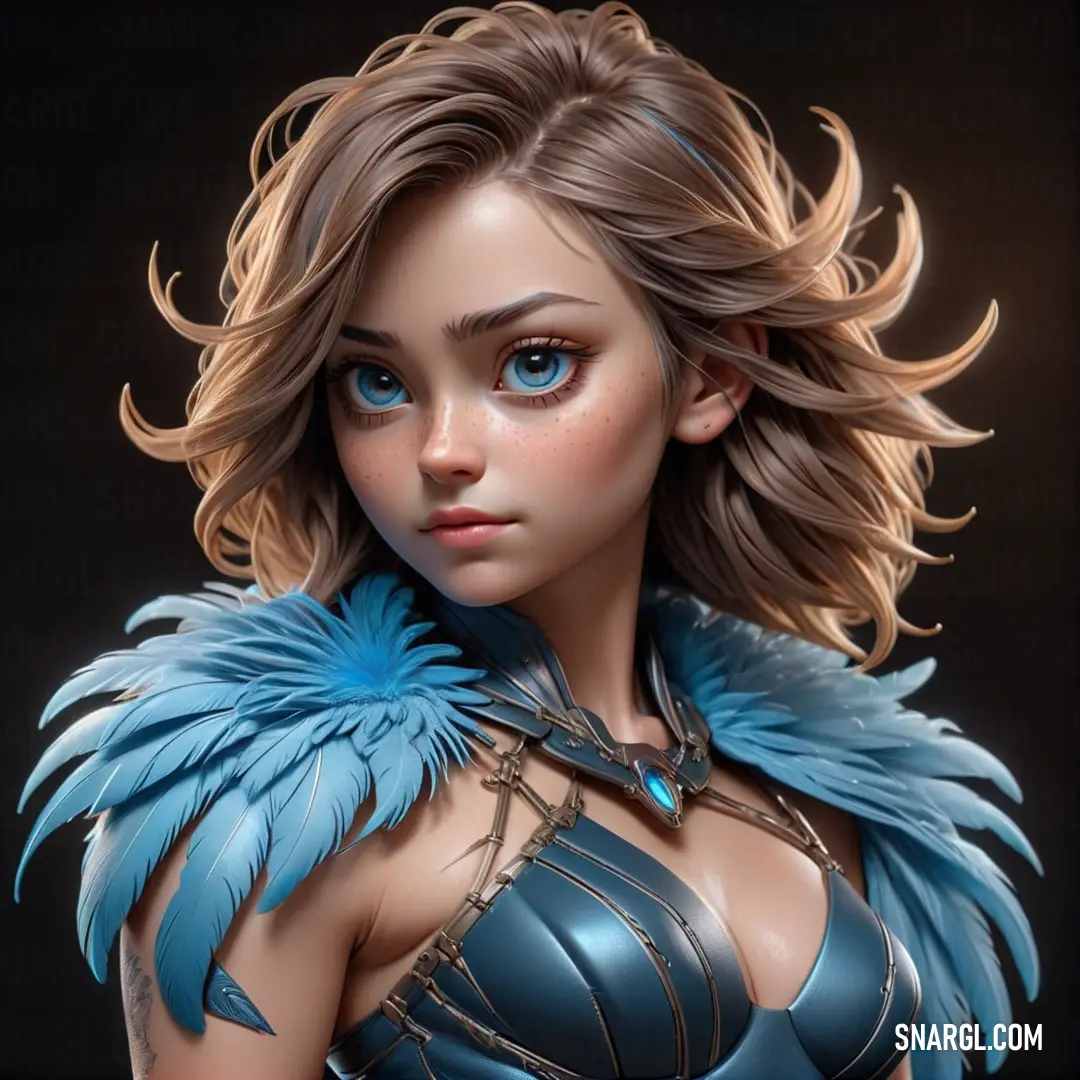 Woman with blue eyes and a blue feathered cape on her shoulders and chest, with a black background. Example of #007AA5 color.