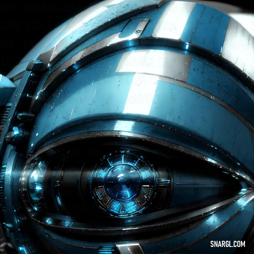 Futuristic looking object with a blue and silver color scheme and a black background with a white stripe around the center