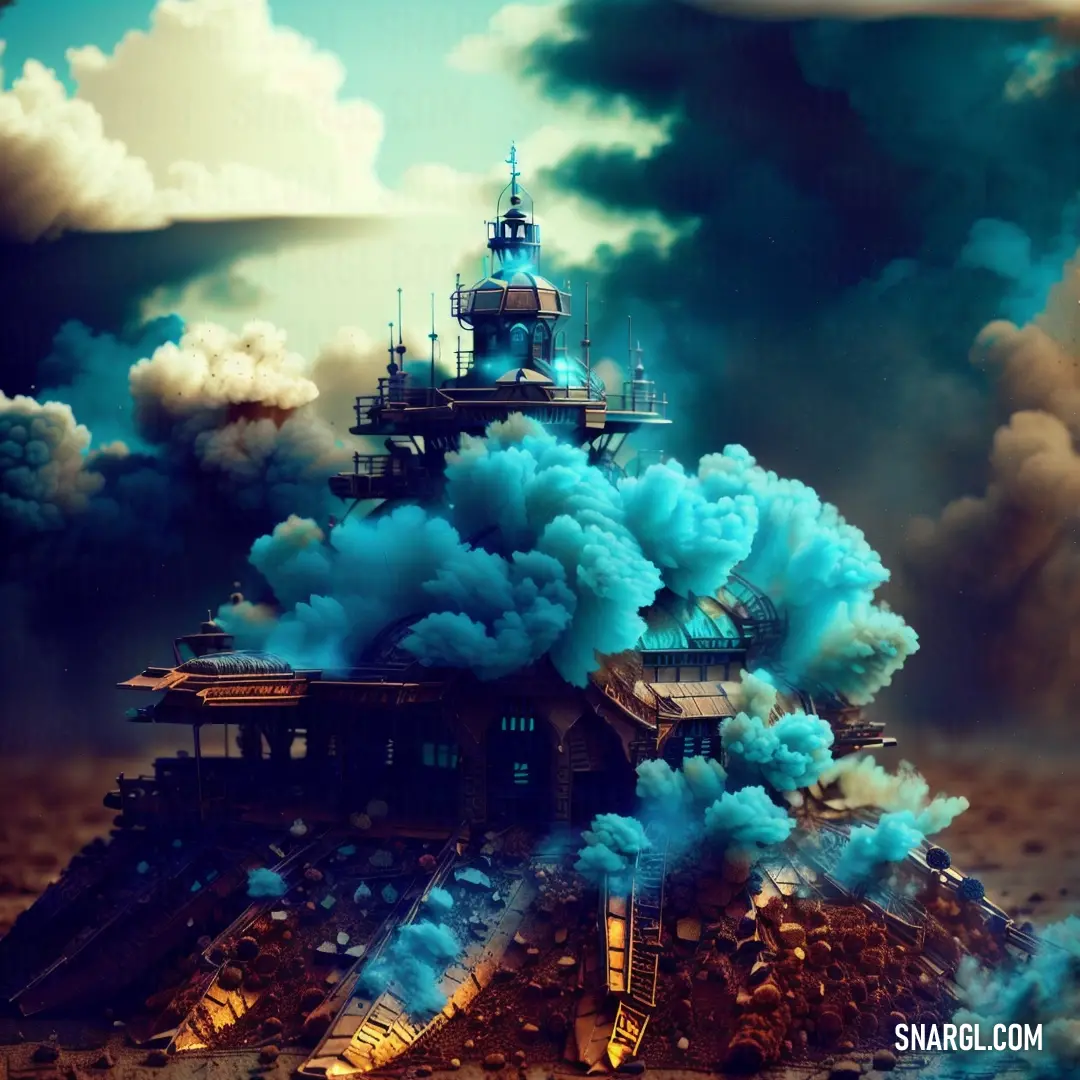 Large ship with blue smoke coming out of it's hulls in the ocean with a sky background