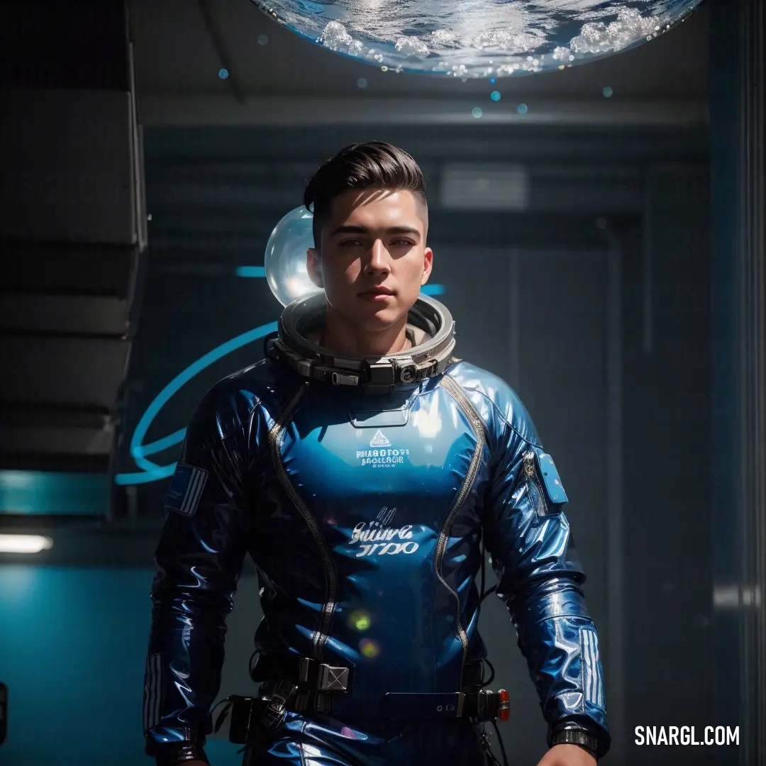 Man in a space suit standing in a hallway with a light on his head