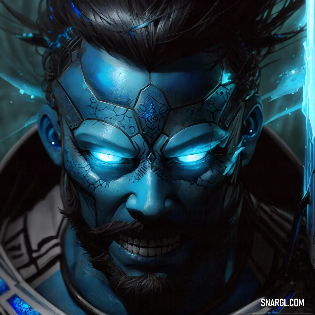 Man with a blue face and a sword in his hand and a glowing face on his forehead and a blue light shining through his eyes