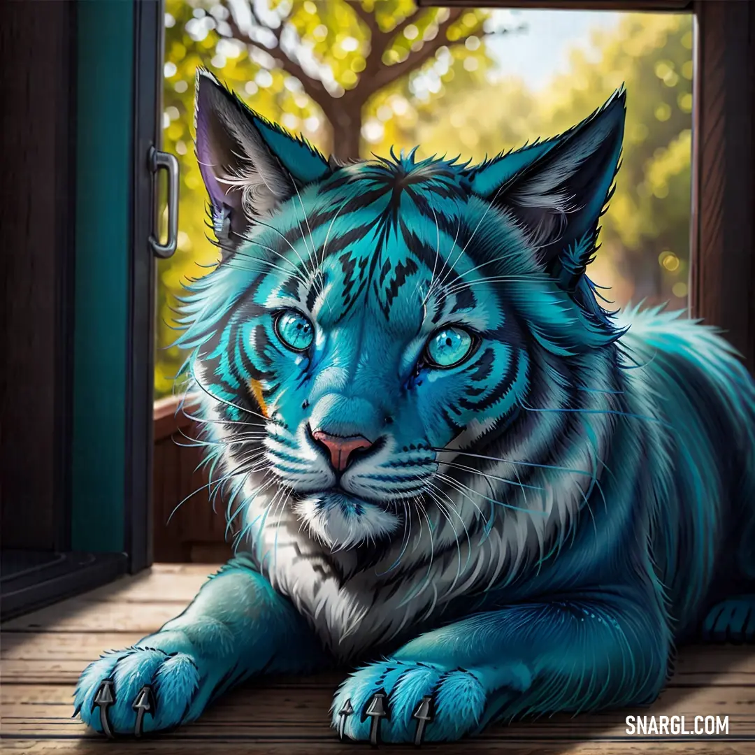 Painting of a blue tiger laying on a wooden floor next to a door with a tree in the background