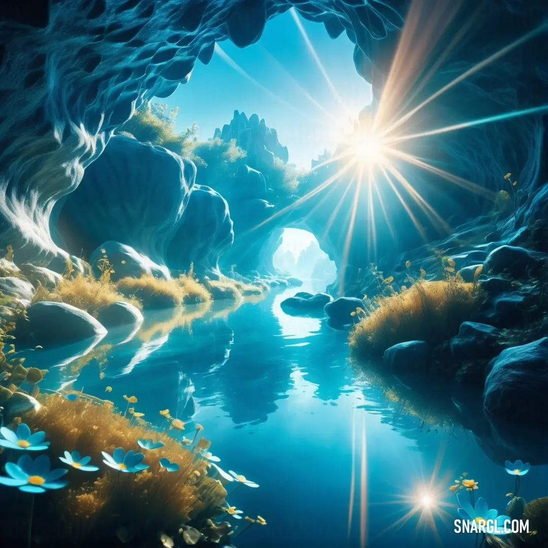 CG Blue color. Painting of a river in a cave with sun shining through the cave door and a fish swimming in the water