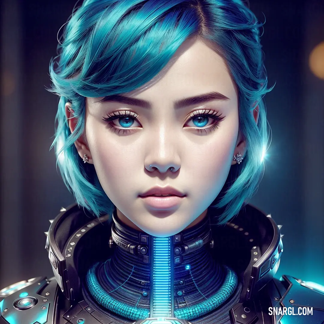 Woman with blue hair and a futuristic suit with a blue light on her face and a sci - fi