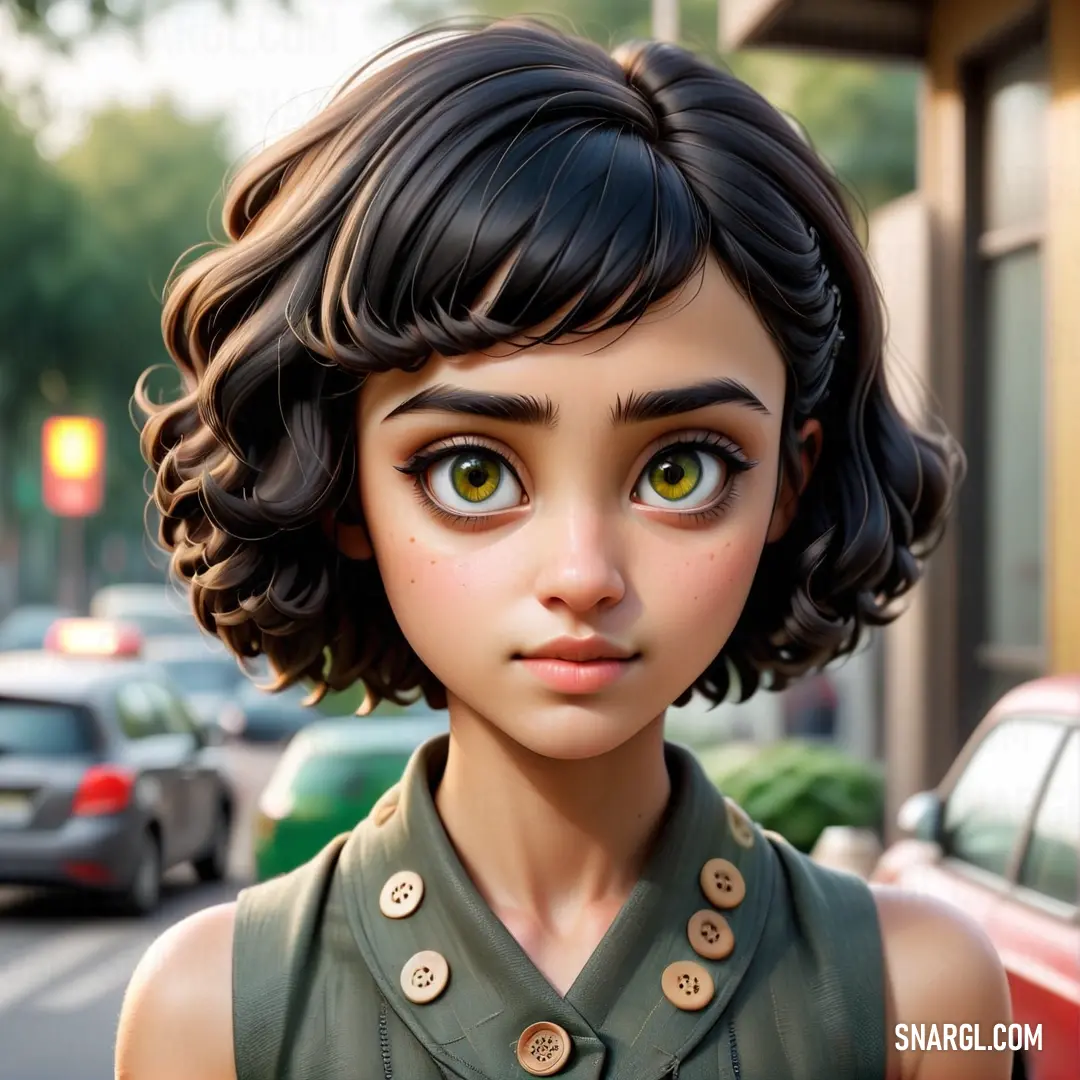 A young cartoon girl with vibrant brown hair, striking green eyes, and a bright green dress stands confidently on a bustling street, surrounded by a lively urban setting. The bold red hue of her surroundings pops against her outfit.