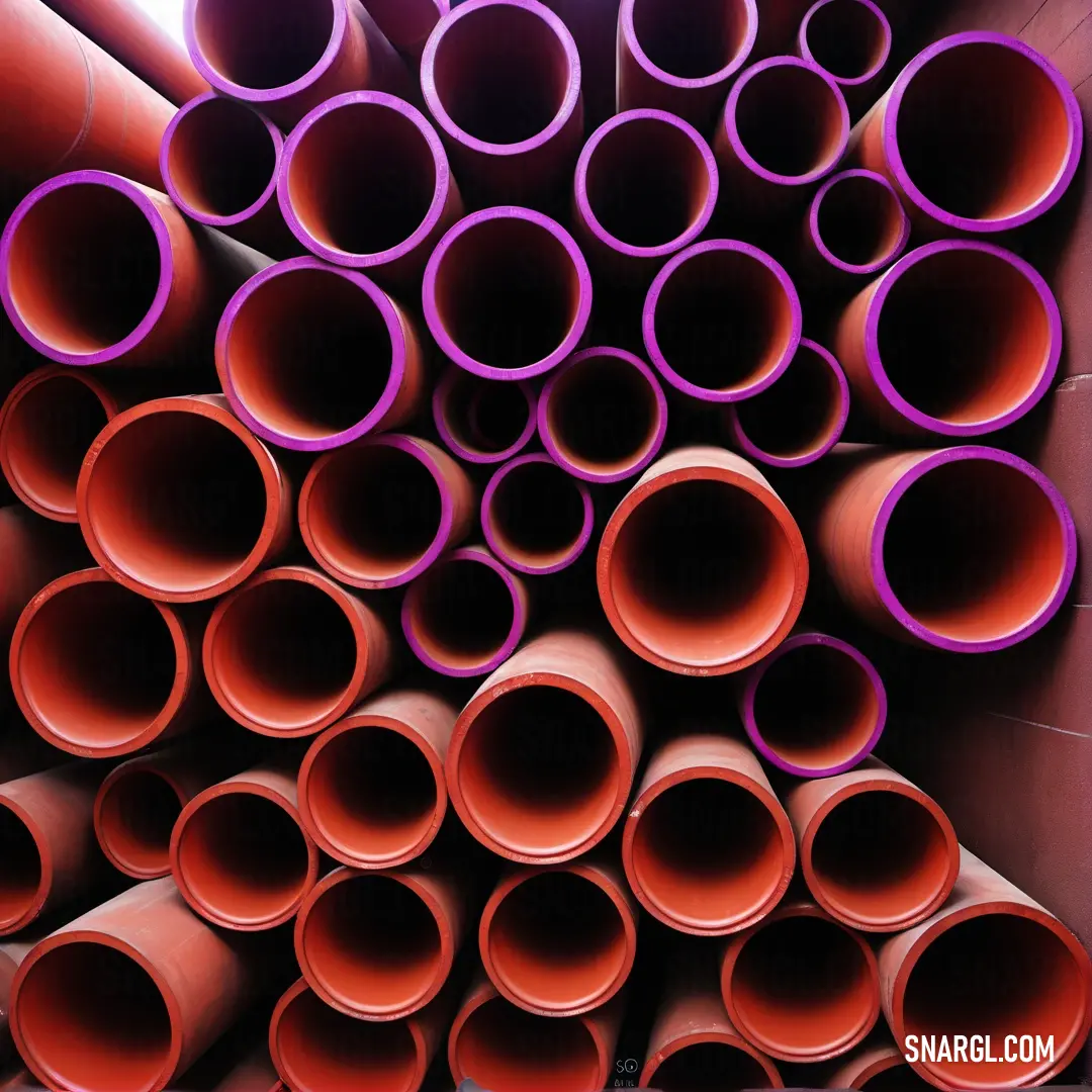 CG Red color example: Pile of purple pipes stacked on top of each other in a room with a red wall and a window