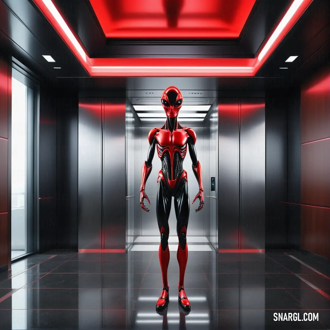 Red and black robot standing in a hallway with red lights on the ceiling. Color RGB 224,60,49.