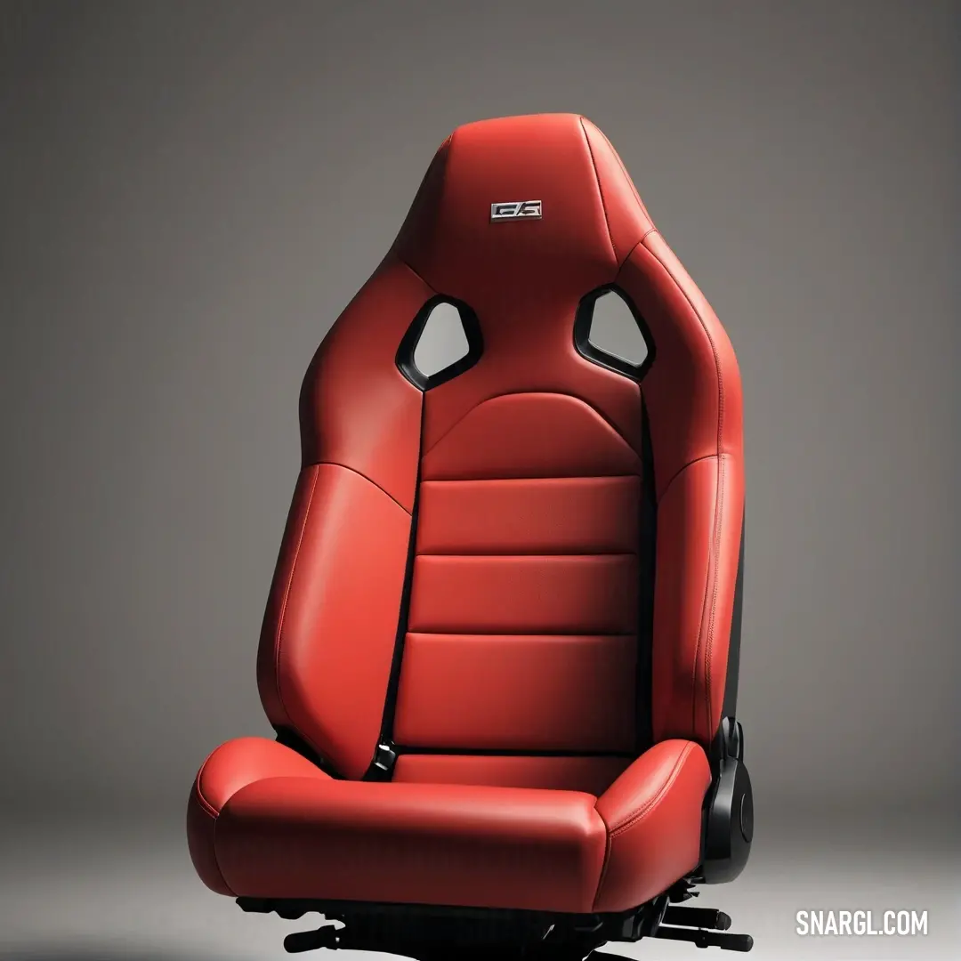 Red leather car seat with a black base and a black base and a white base and a gray background. Color CG Red.