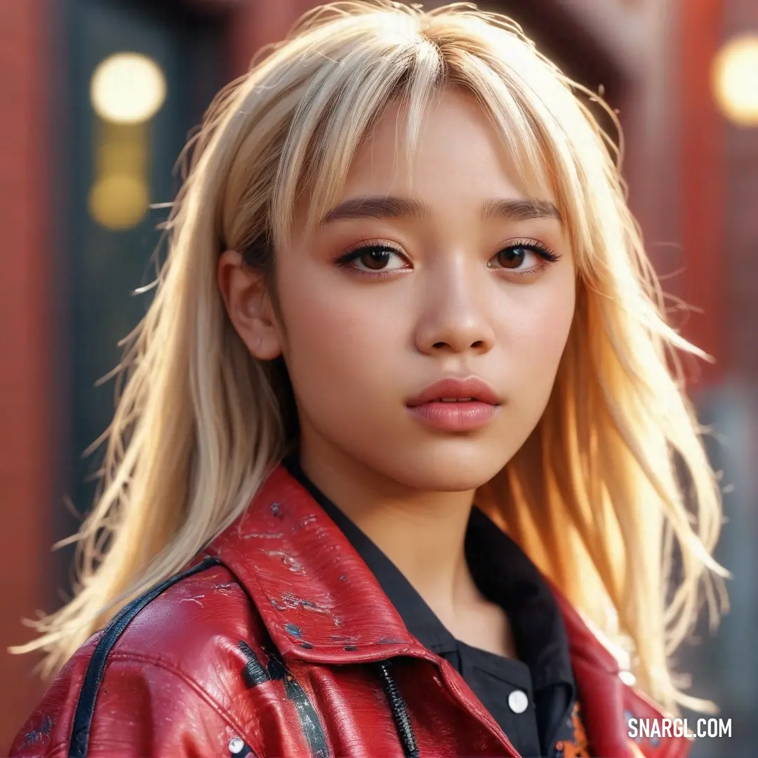 A fashionable woman with blonde hair poses confidently in a striking red jacket against a backdrop of glimmering lights, her vibrant style and radiant smile shining through, making her the center of attention in this urban scene.