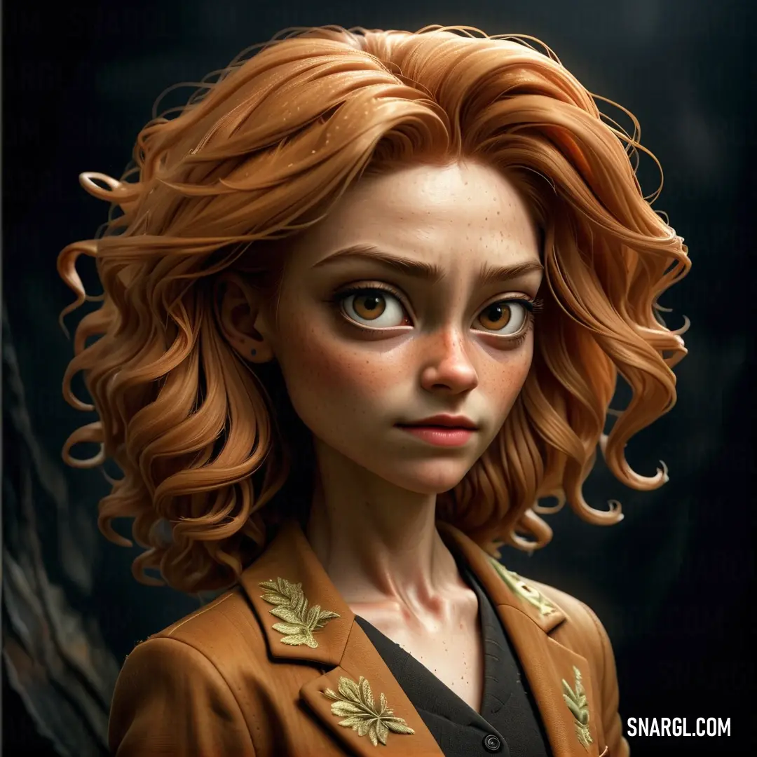 A woman with striking red hair wearing a brown jacket adorned with leaf-like embellishments, standing against a dark, mysterious background. Her confident expression contrasts with the deep, rich tones surrounding her.