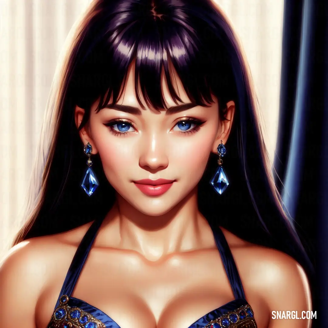 A captivating painting of a woman with striking blue eyes and a bra top stands against a backdrop of a flowing curtain. Her piercing gaze and confident pose create an alluring and powerful visual impact.