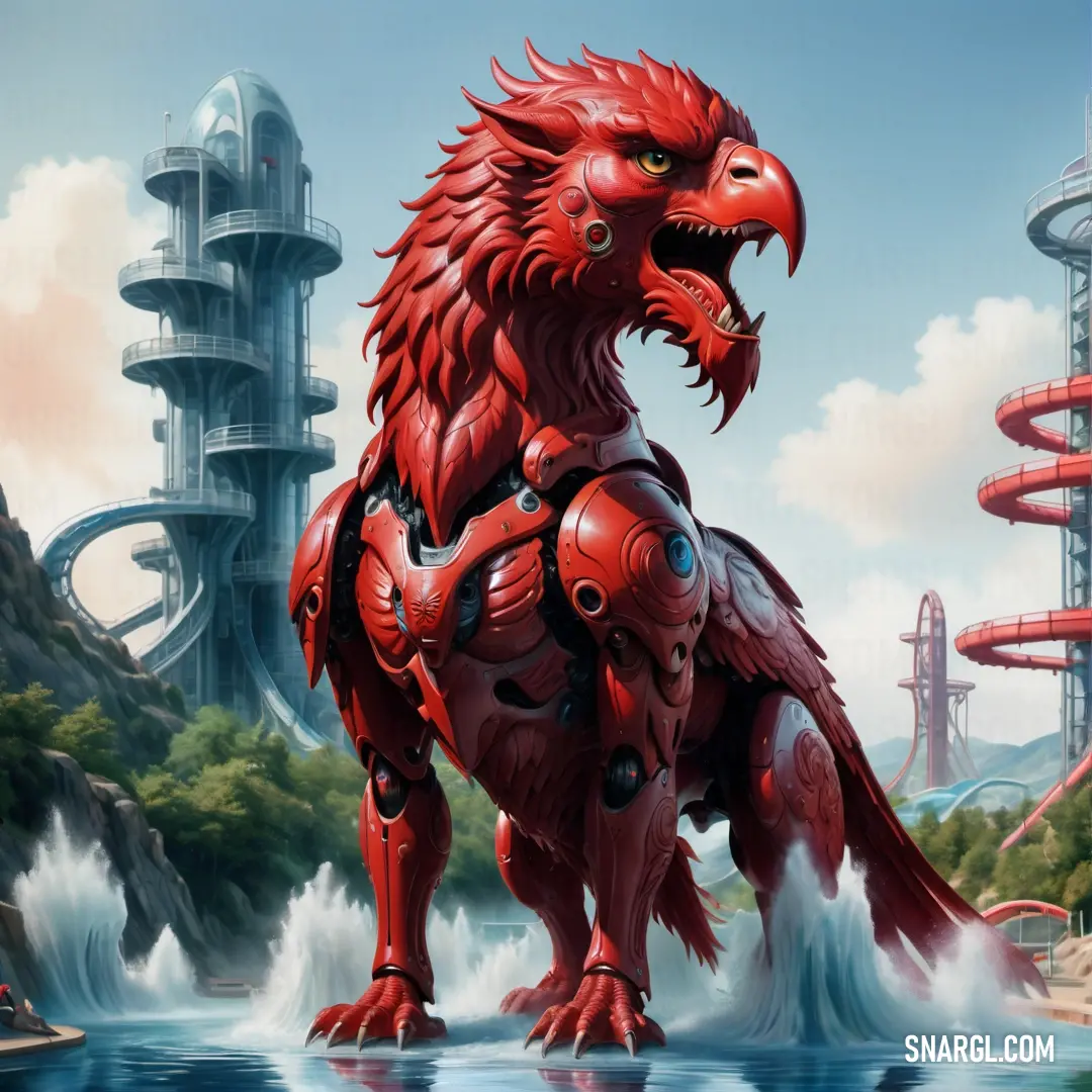 Red dragon is standing in the water near a futuristic city with a waterfall and a large building in the background
