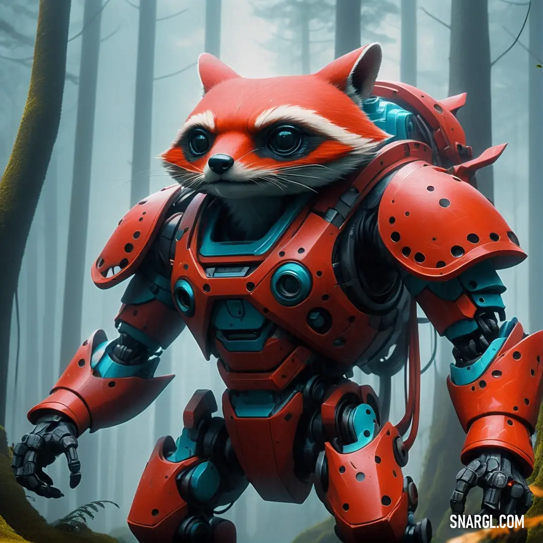 Red robot with a raccoon on its back in a forest with trees and bushes. Example of CG Red color.