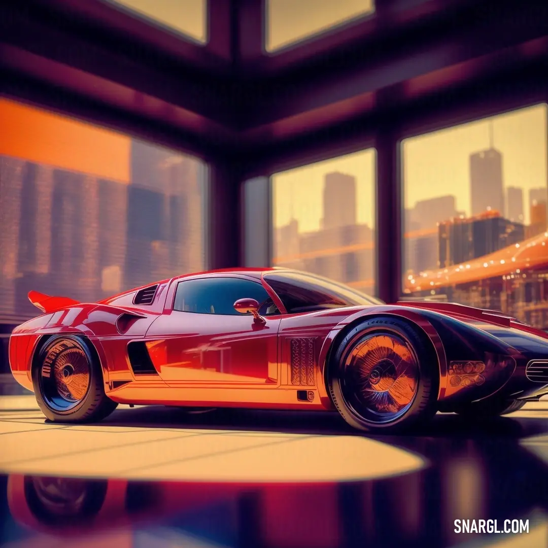 Red sports car parked in front of a window in a city setting with a bridge in the background