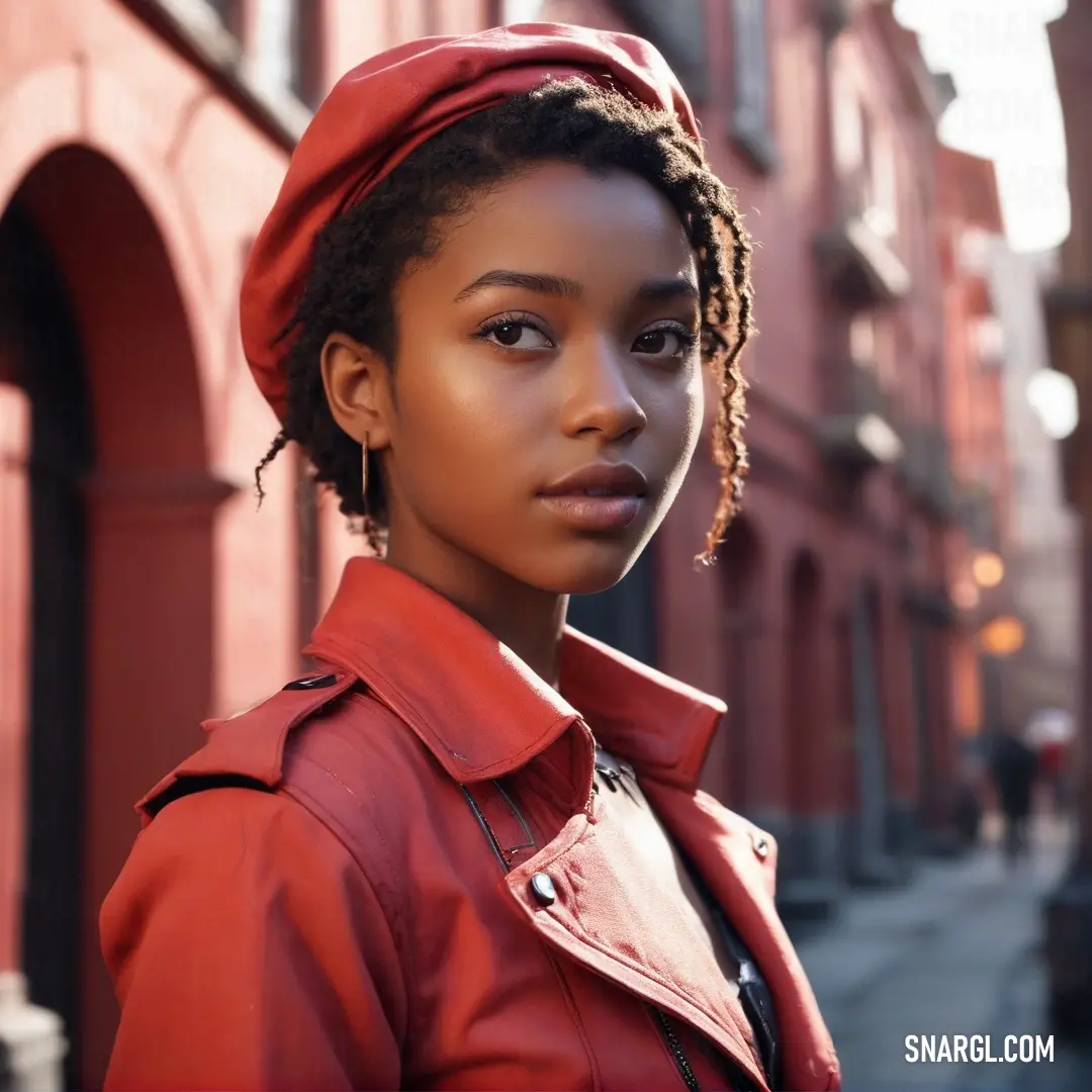 A woman dressed warmly in a red jacket and hat stands confidently on a bustling street corner, her vibrant style and determined gaze conveying a sense of adventure, while the lively urban backdrop adds energy to the scene.