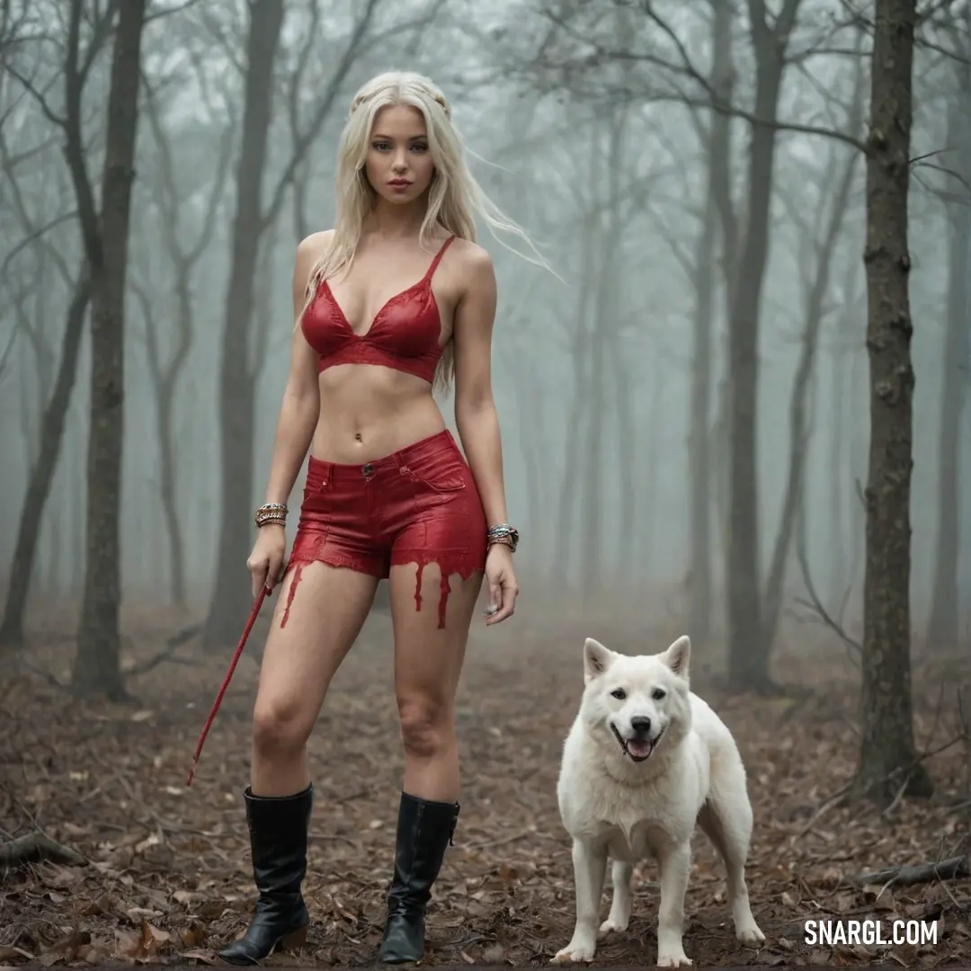 A woman dressed in a striking red outfit stands next to a white dog in a forest. The autumn leaves and tall trees create a peaceful yet vibrant atmosphere around them.