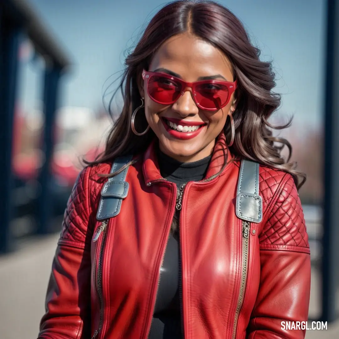Woman wearing a red leather jacket and sunglasses smiles at the camera while standing outside of a building with a red brick wall