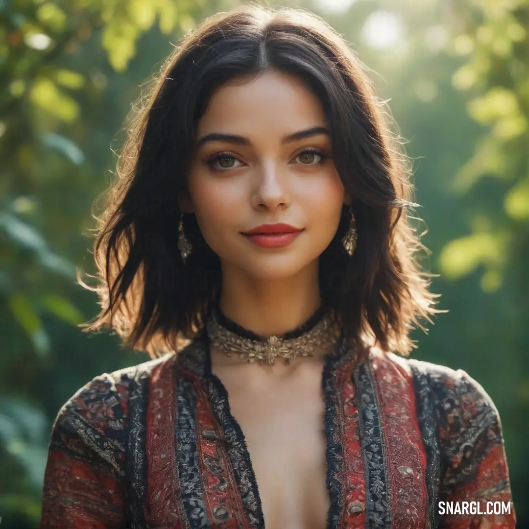 A woman stands gracefully in front of lush greenery, wearing a chic necklace and matching earrings. Her confident pose captures a sense of elegance and nature in harmony with her surroundings.