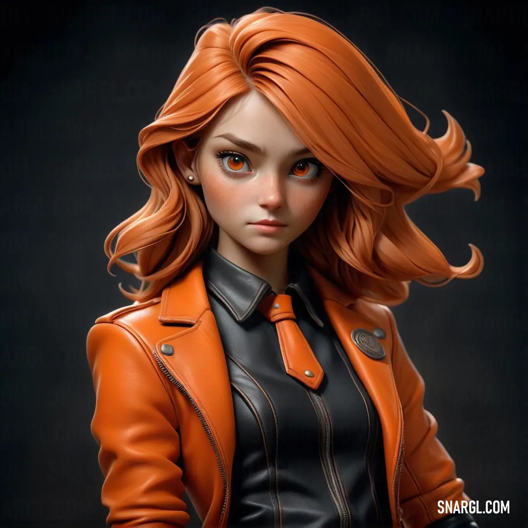 A woman with fiery red hair and a sleek leather jacket stands confidently against a dark, dramatic background, her bold presence commanding attention in a sea of deep contrasts.